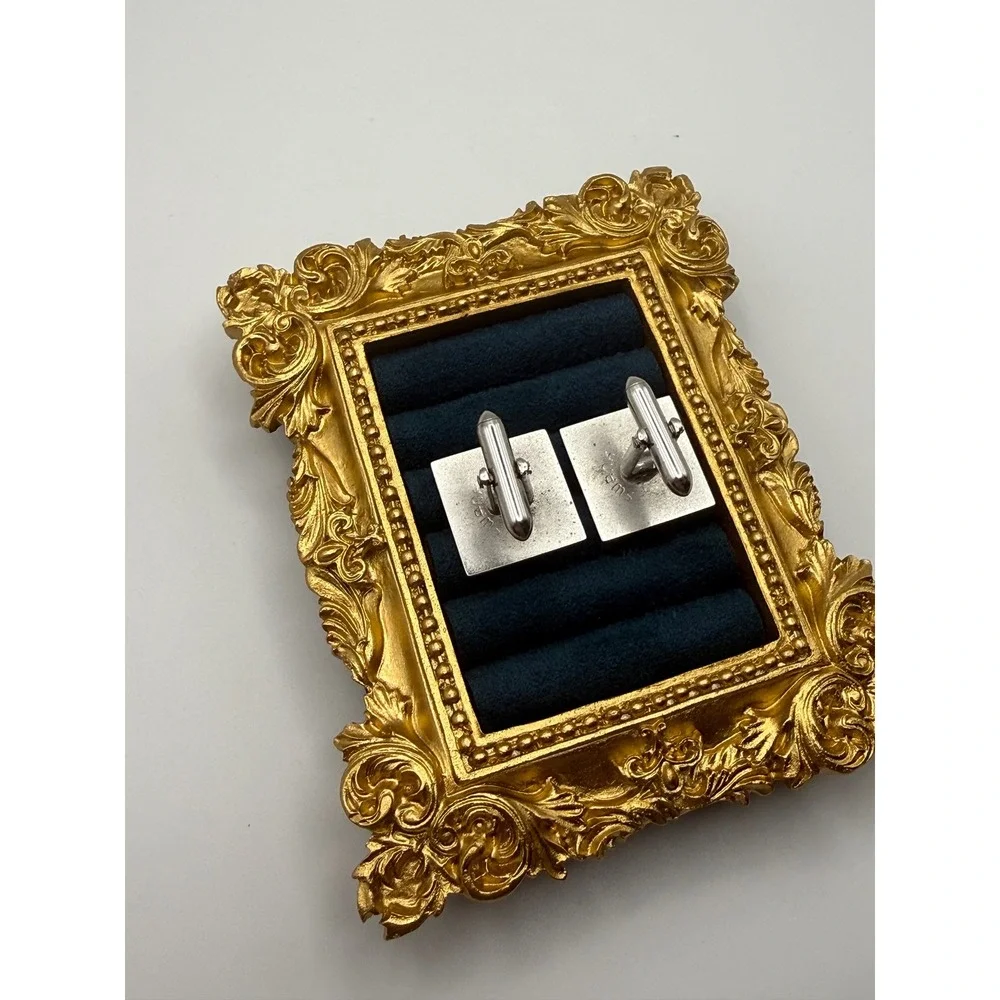 Swank Cufflinks OS Vintage Silver Tone Geometric Greek Key Art Deco Square MCM